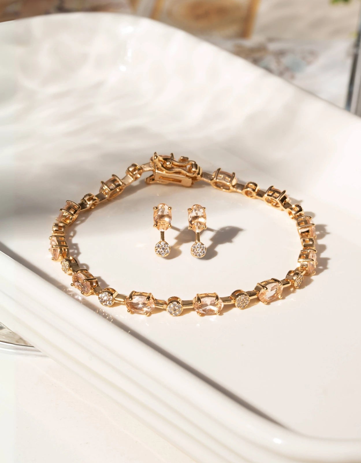 Elegant morganite tennis bracelet and stud earrings