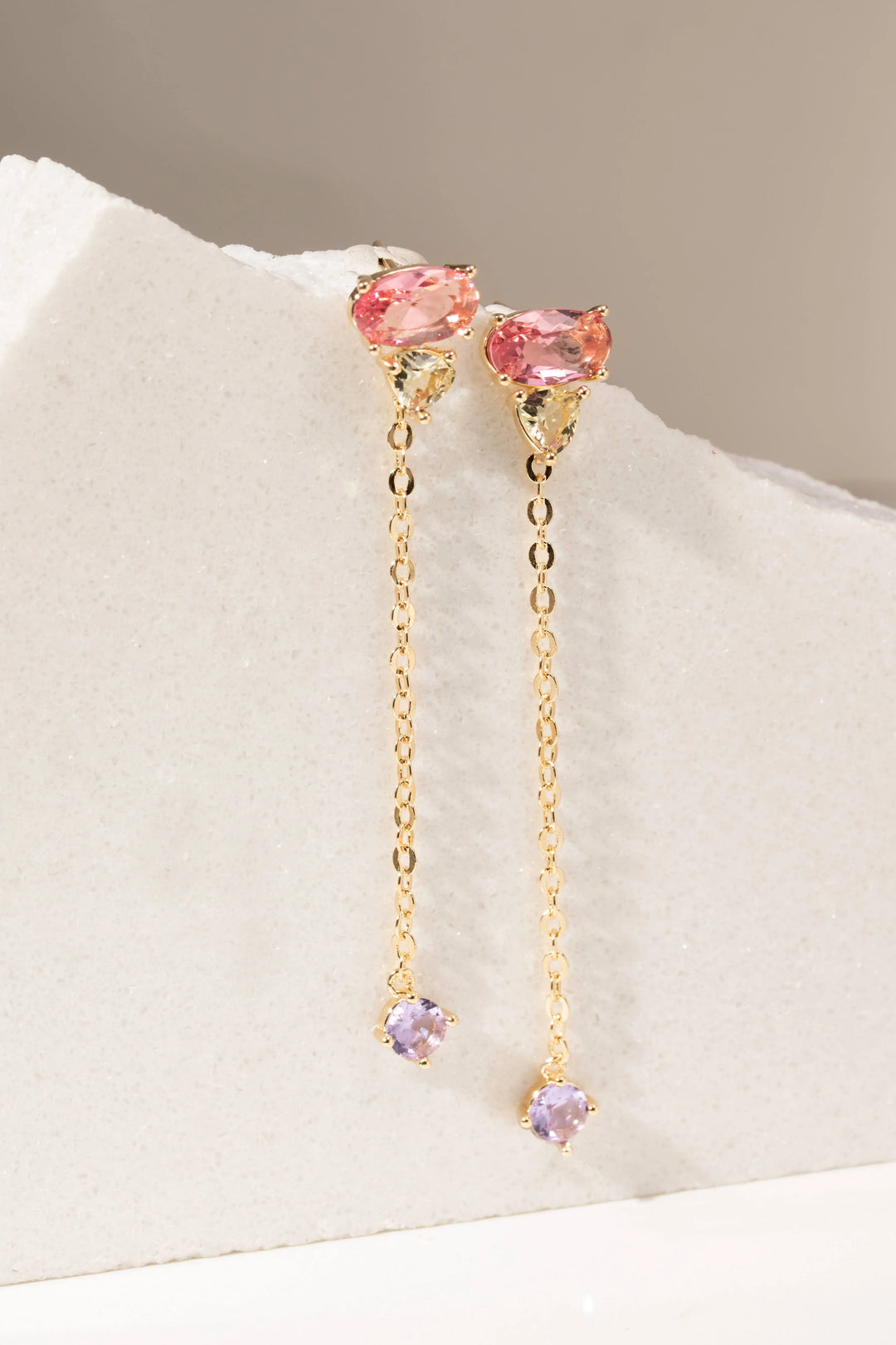 18k Gold Filled chain earrings with amethyst, citrine & pink tourmaline crystals Elladora Store Australia