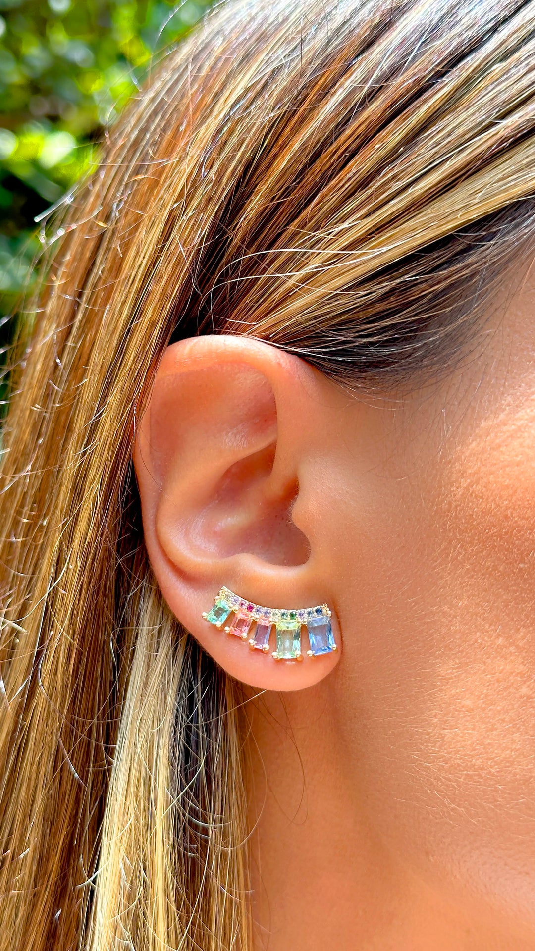 Woman wears Rectangular Green Amethyst, Tanzanite, Paraiba with Multicolour Zirconia Ear Cuff Earrings, 18k Gold Filled, Elladora Store, Australia