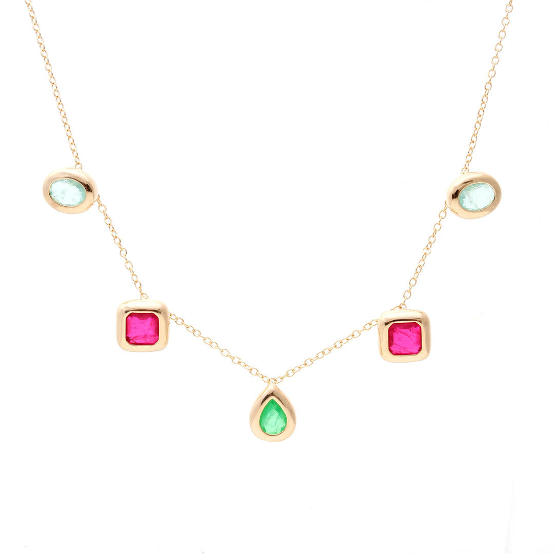 Bright Pink Tournaline Fusion Shapes Necklace, 18k Gold Filled