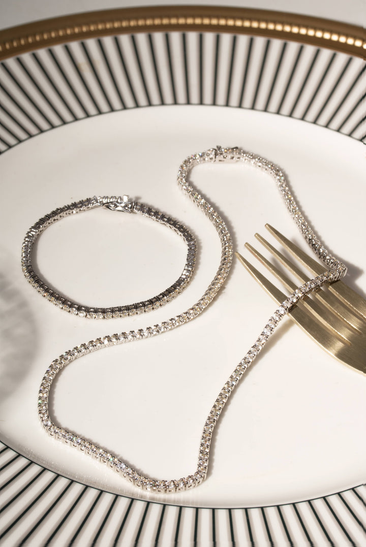 Lemon Zirconia Tennis Bracelet and Necklace Set, Rhodium Plated