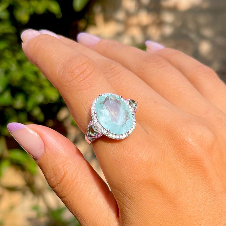 Bright Oval Light Blue Tourmaline Fusion Ring, 925 Sterling  Silver