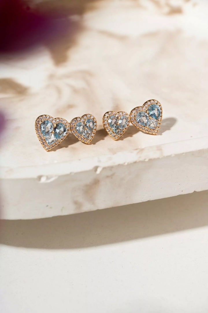 Aquamarine-Tone & White CZ Heart Earrings, 18K Gold Filled