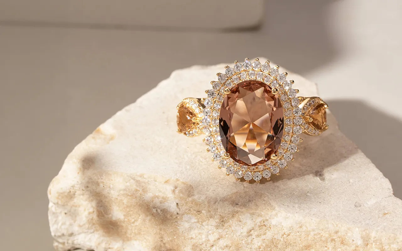 Bright Oval Rhodolite with white cubic zirconia & brown cubic zirconia Statement Ring 18k gold filled Elladora Store Australia 
