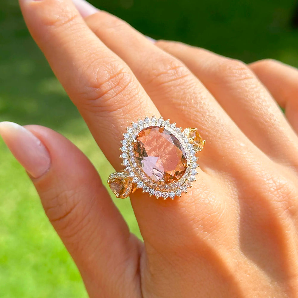 Woman wear Oval Rhodolite with white cubic zirconia & brown cubic zirconia Statement Ring 18k gold filled Elladora Store Australia 