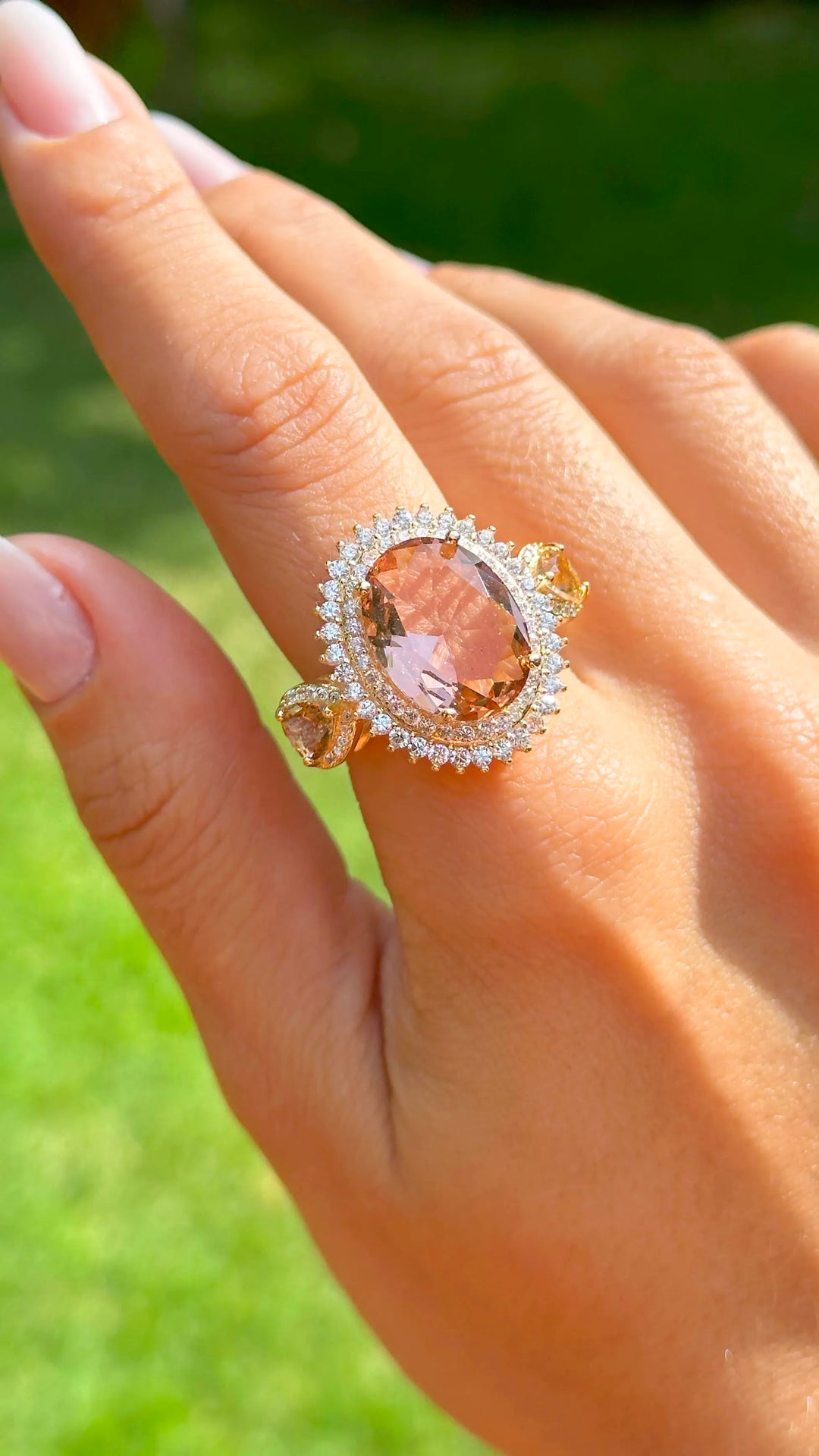 Woman wear Oval Rhodolite with white cubic zirconia & brown cubic zirconia Statement Ring 18k gold filled Elladora Store Australia 