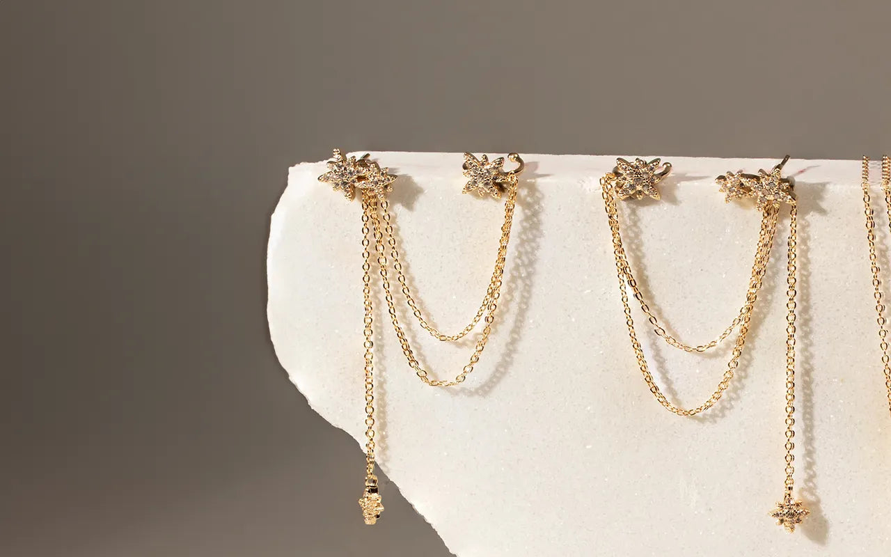 Bright star ear cuff chain with white cubic zirconia 18k gold plated with 3 micron on copper Elladora Store Australia 