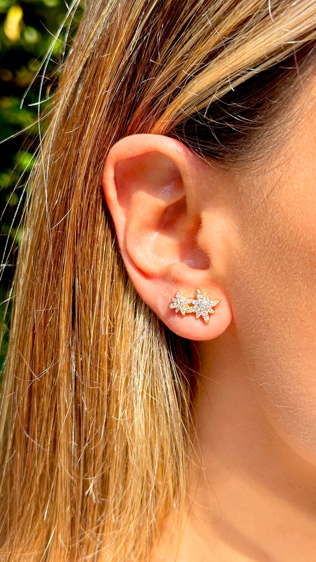 Woman wear Bright star ear cuff chain with white cubic zirconia 18k gold plated with 3 micron on copper Elladora Store Australia 