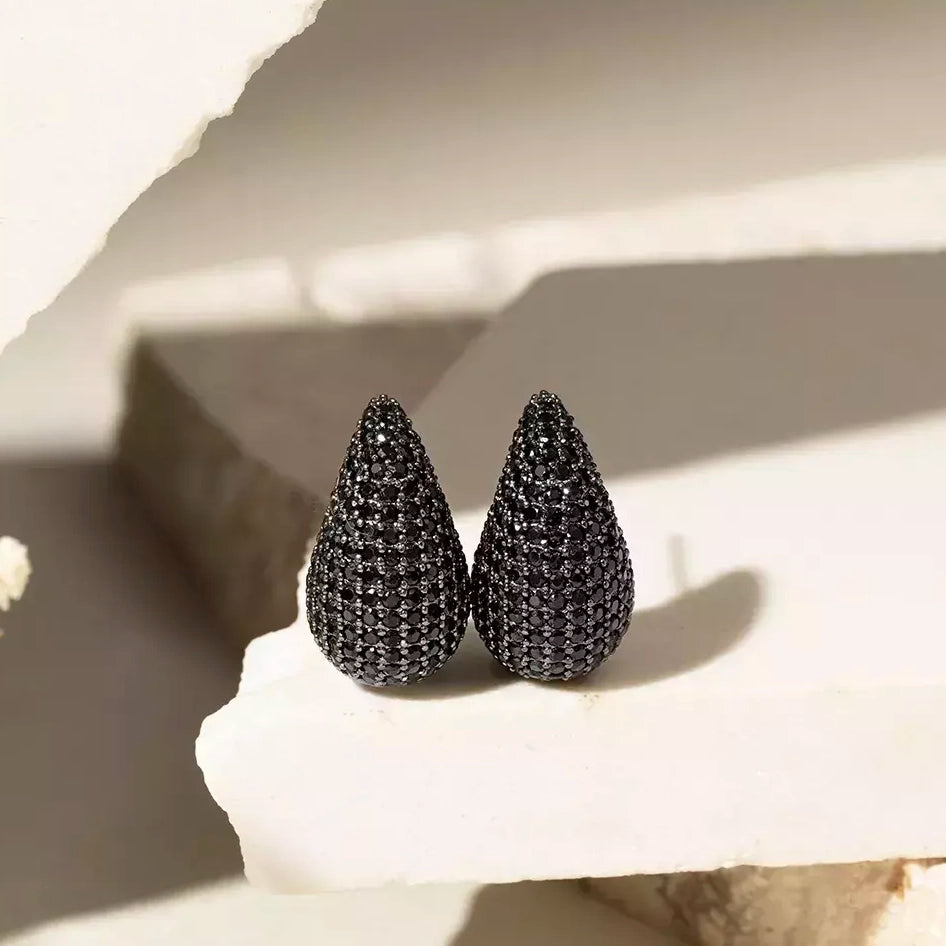 Black Zirconia Pave Pear Drop Earrings 20mm, Rhodium Plated