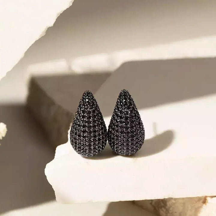 Black Zirconia Pave Pear Drop Earrings 20mm, Rhodium Plated