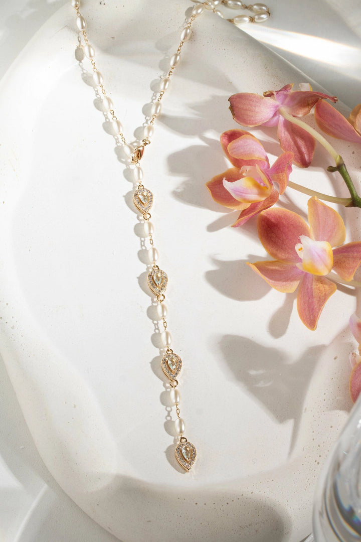 Blue Topaz Crystal Drop Lariat & Pearls Necklace, 18K Gold Filled
