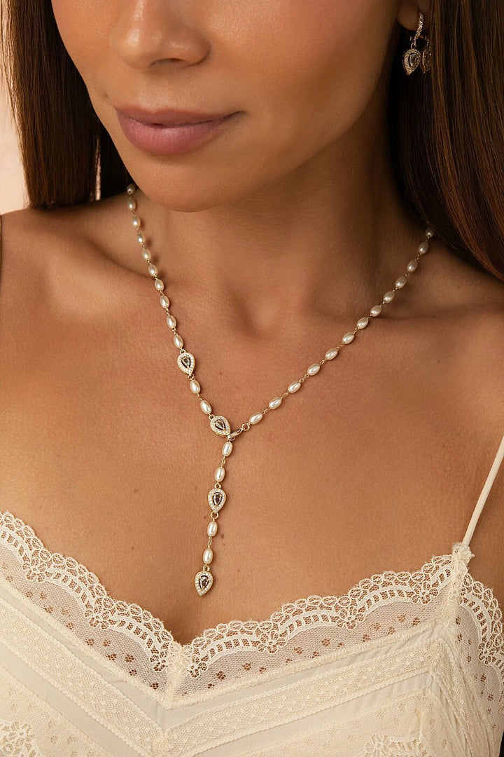 Blue Topaz Crystal Drop Lariat & Pearls Necklace, 18K Gold Filled