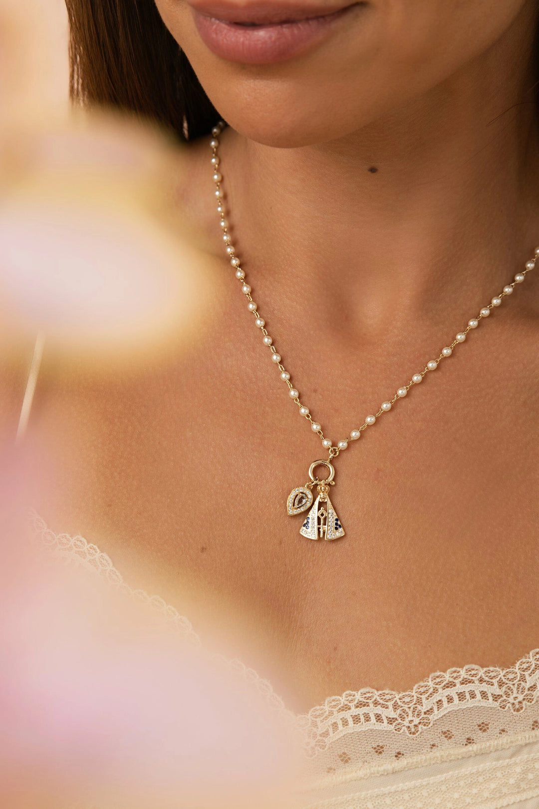 Blue Topaz Crystal Drop & Our Lady of Aparecida Pearl Necklace, 18k Gold Filled