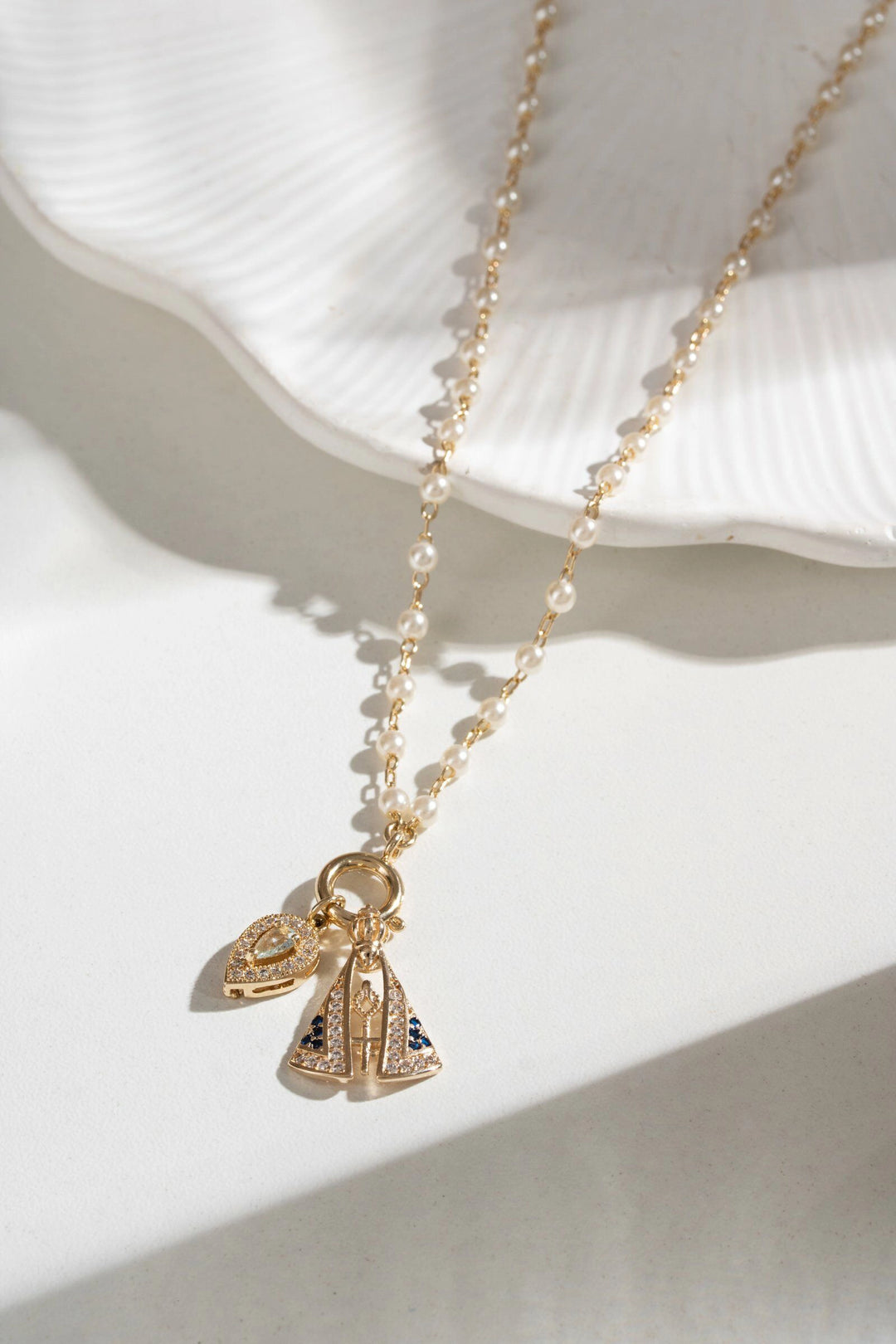 Blue Topaz Crystal Drop & Our Lady of Aparecida Pearl Necklace, 18k Gold Filled
