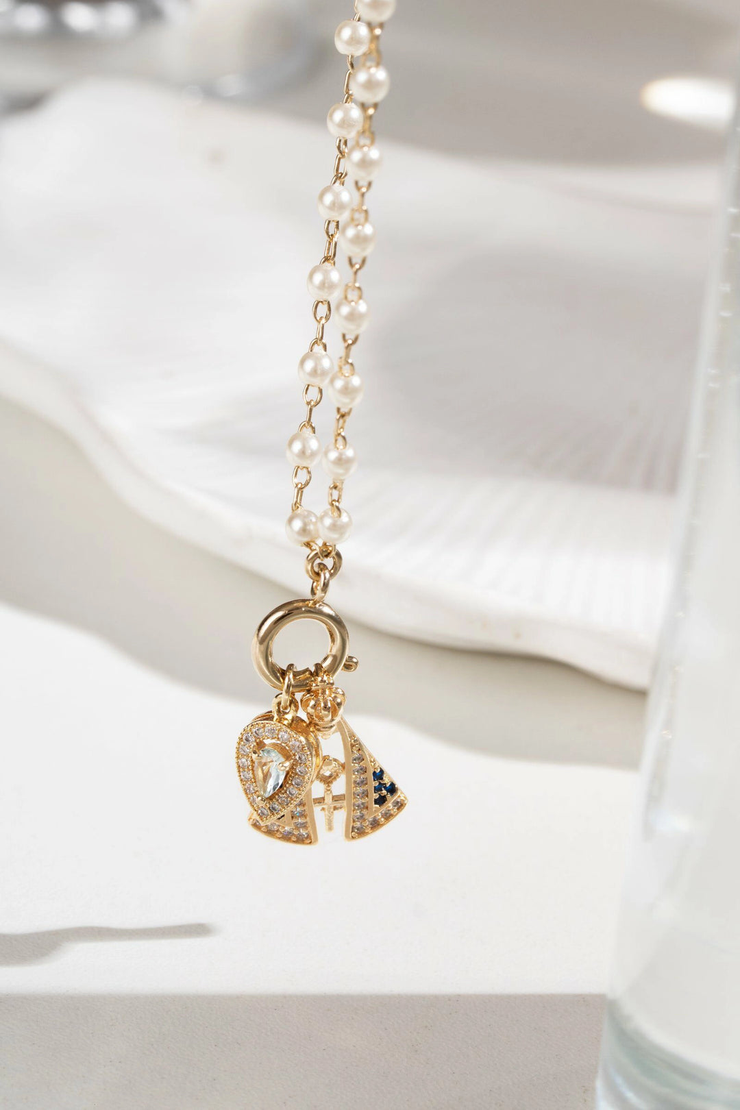 Blue Topaz Crystal Drop & Our Lady of Aparecida Pearl Necklace, 18k Gold Filled