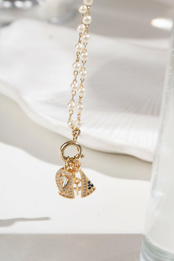 Blue Topaz Crystal Drop & Our Lady of Aparecida Pearl Necklace, 18k Gold Filled