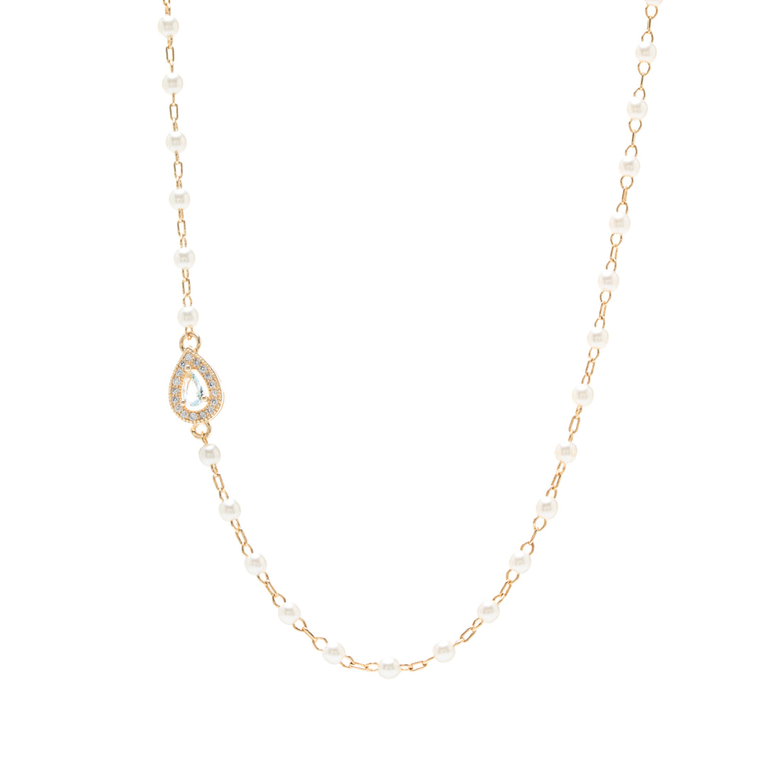 Blue Topaz Crystal, Pearl & White Zirconia Teardrop Necklace, 18k Gold Filled