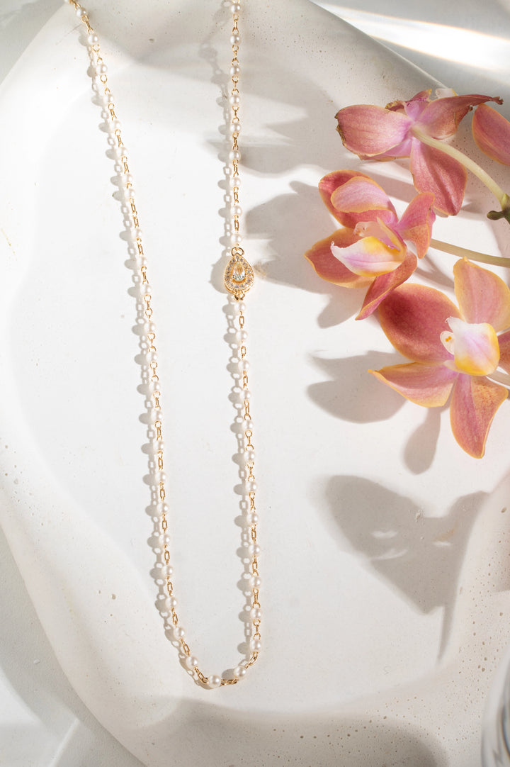 Blue Topaz Crystal, Pearl & White Zirconia Teardrop Necklace, 18k Gold Filled