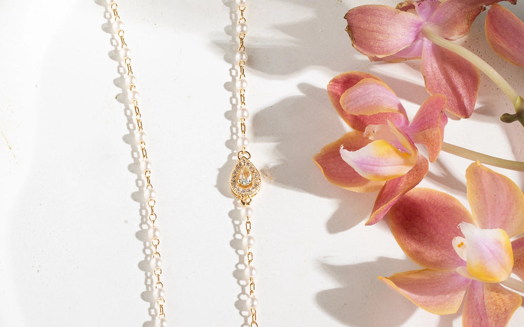 Blue Topaz Crystal, Pearl & White Zirconia Teardrop Necklace, 18k Gold Filled