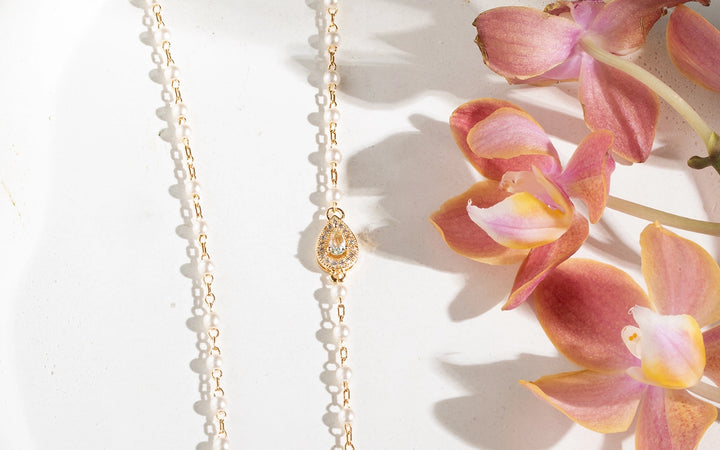 Blue Topaz Crystal, Pearl & White Zirconia Teardrop Necklace, 18k Gold Filled