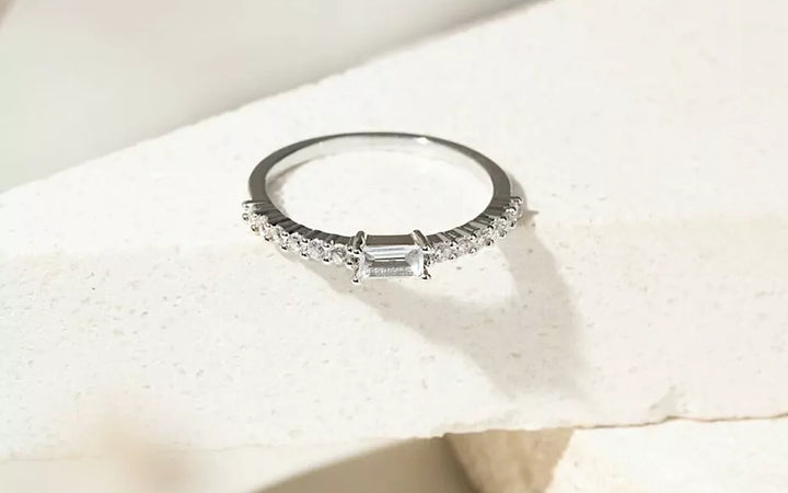 Bright Aquamarine Crystal Half Band Ring, Rhodium Plated