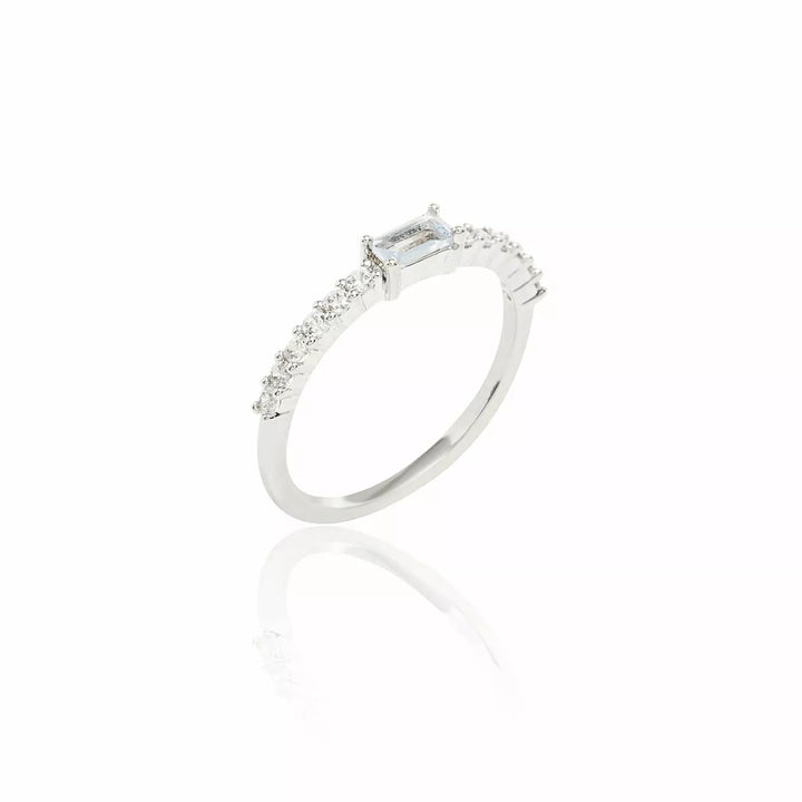 Bright Aquamarine Crystal Half Band Ring, Rhodium Plated