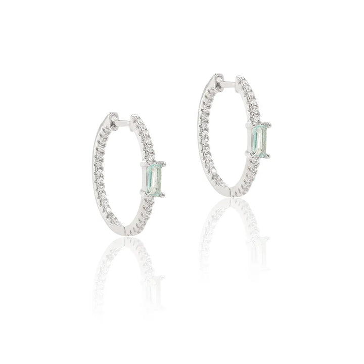 Bright Aquamarine Crystal Hoop Earrings 20mm, Rhodium Plated