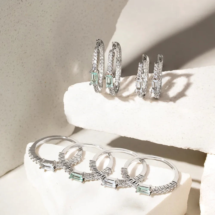 Bright Aquamarine Crystal Hoop Earrings 20mm, Rhodium Plated