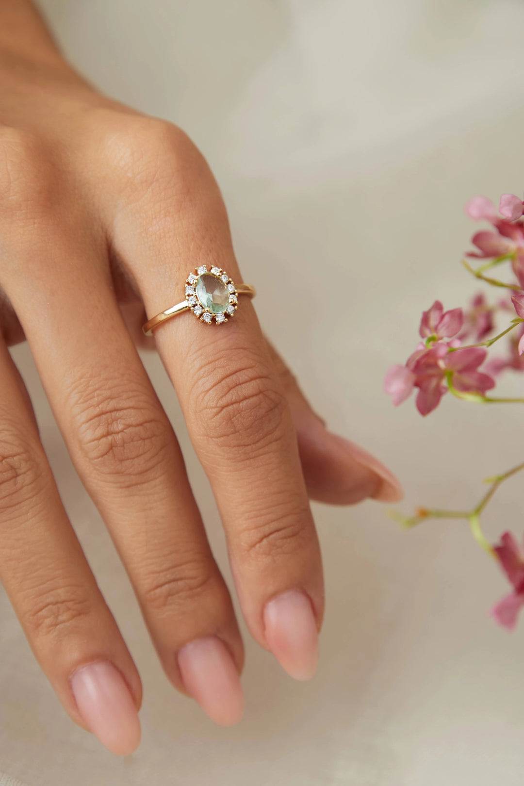 Bright Beryl Crystal Oval Ring, 18k Gold Filled