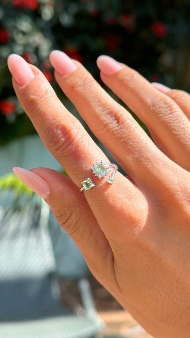 Bright Beryl Square Open Ring with White Cubic Zirconia, Rhodium Plated