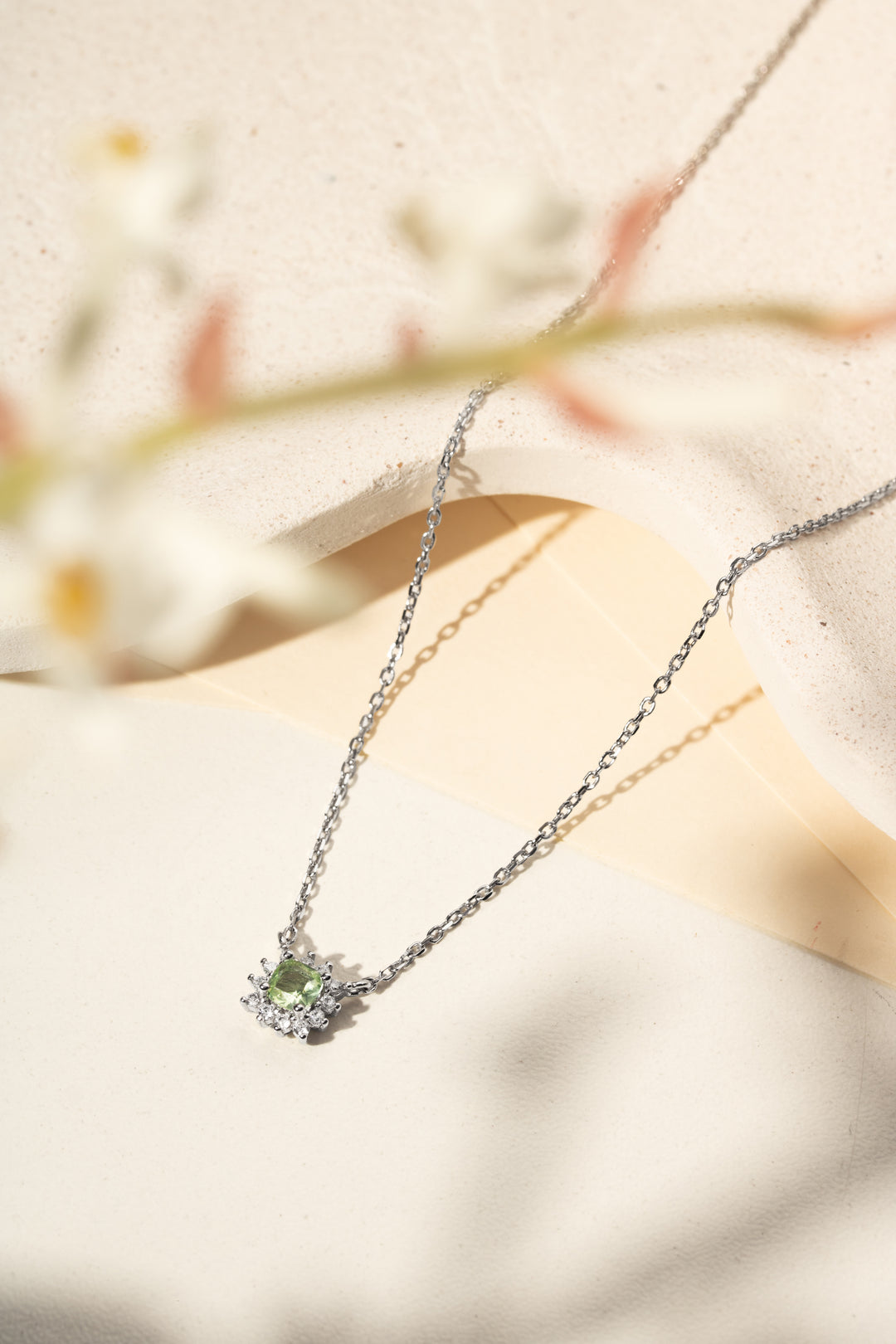 Bright Beryl Square with White Cubic Zirconia Necklace, Rhodium Plated