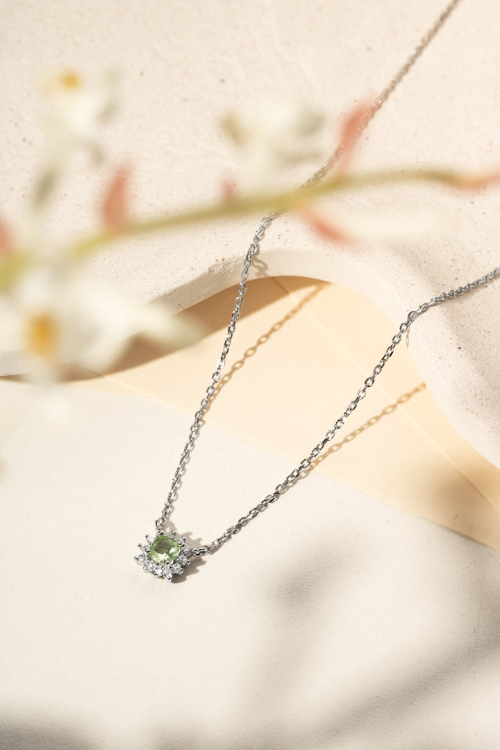 Bright Beryl Square with White Cubic Zirconia Necklace, Rhodium Plated
