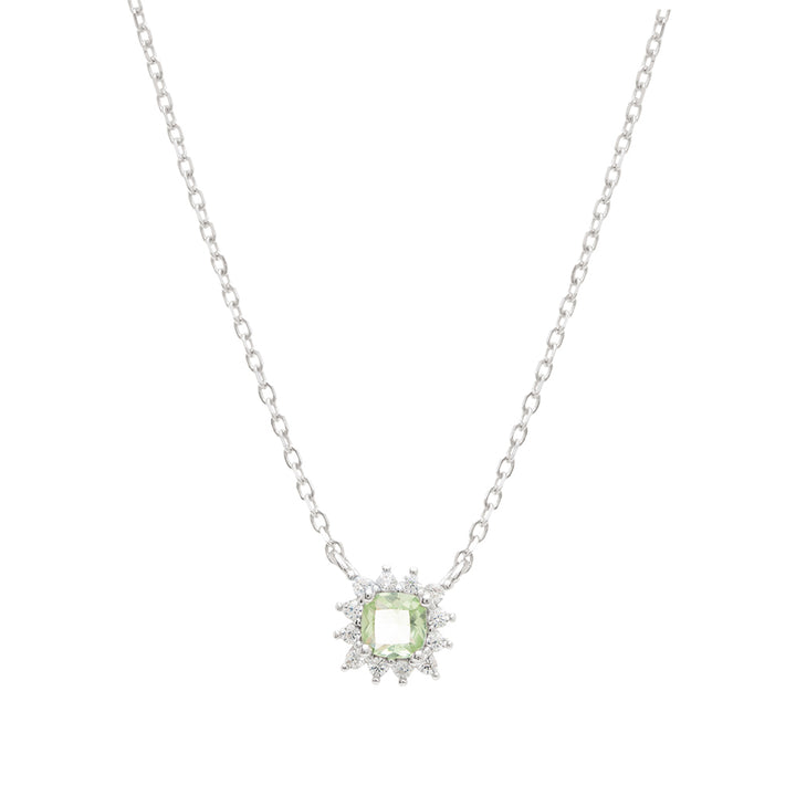 Bright Beryl Square with White Cubic Zirconia Necklace, Rhodium Plated