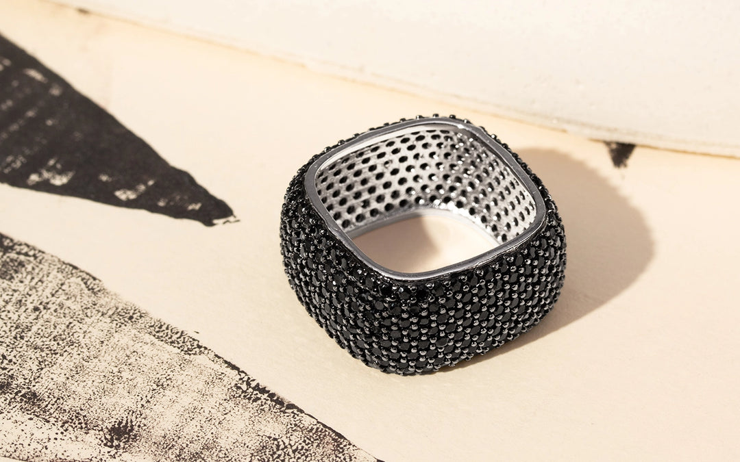 Bright Black CZ 8-Row Square Band Ring, Rhodium Plated
