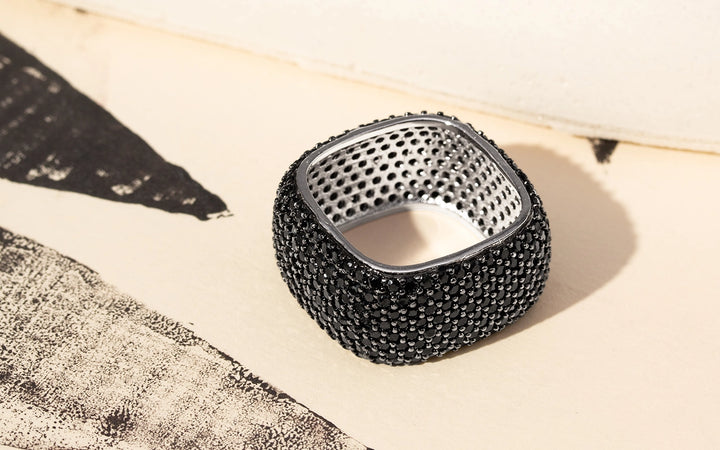 Bright Black CZ 8-Row Square Band Ring, Rhodium Plated