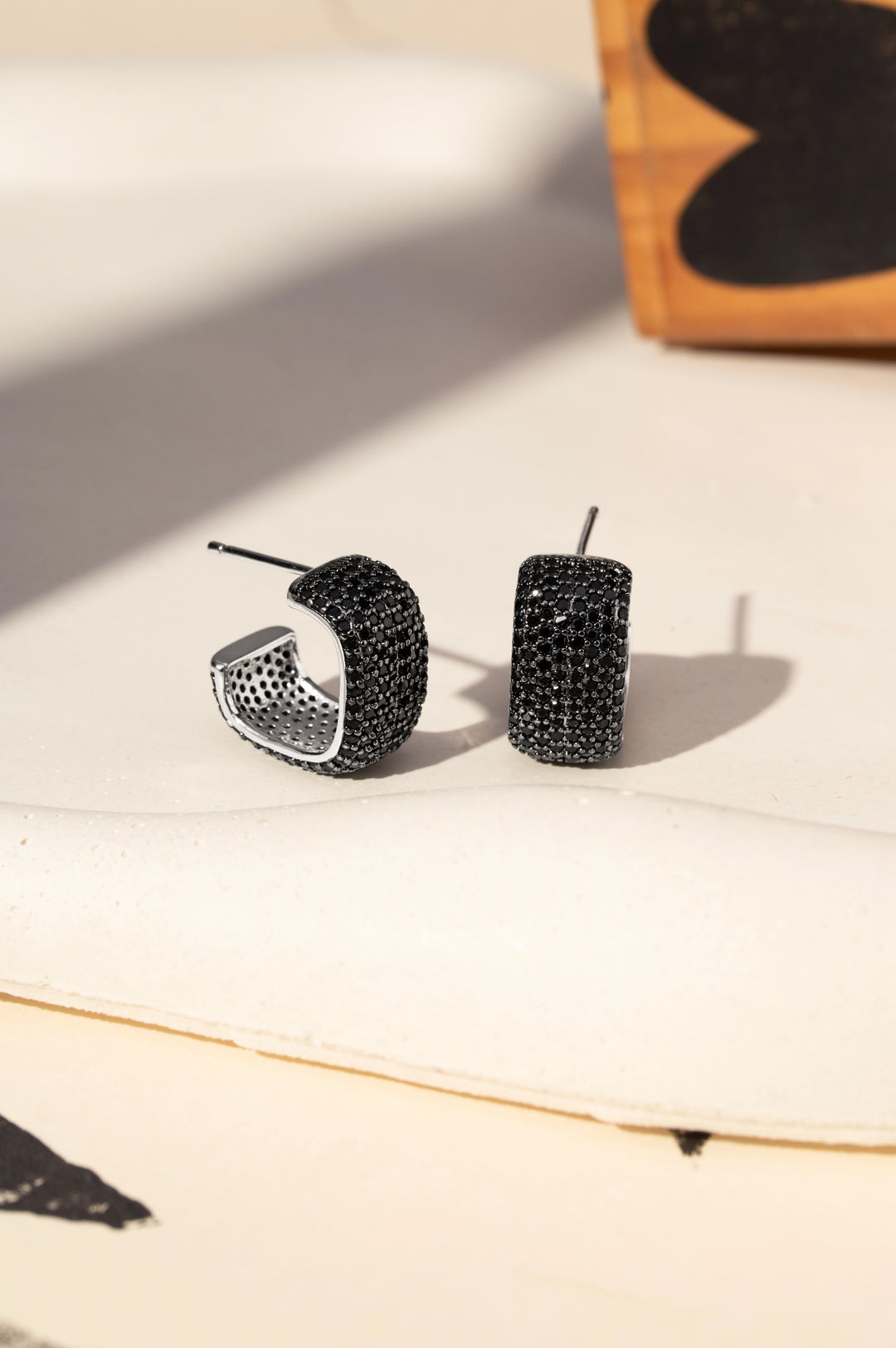 Bright Black CZ 8-Row Square Hoops Earrings 25mm, Rhodium Plated