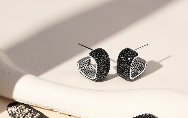 Bright Black CZ 8-Row Square Hoops Earrings 25mm, Rhodium Plated