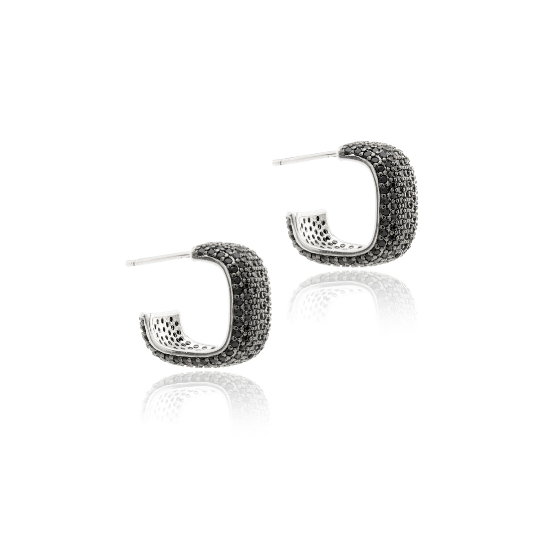 Bright Black CZ 8-Row Square Hoops Earrings 25mm, Rhodium Plated