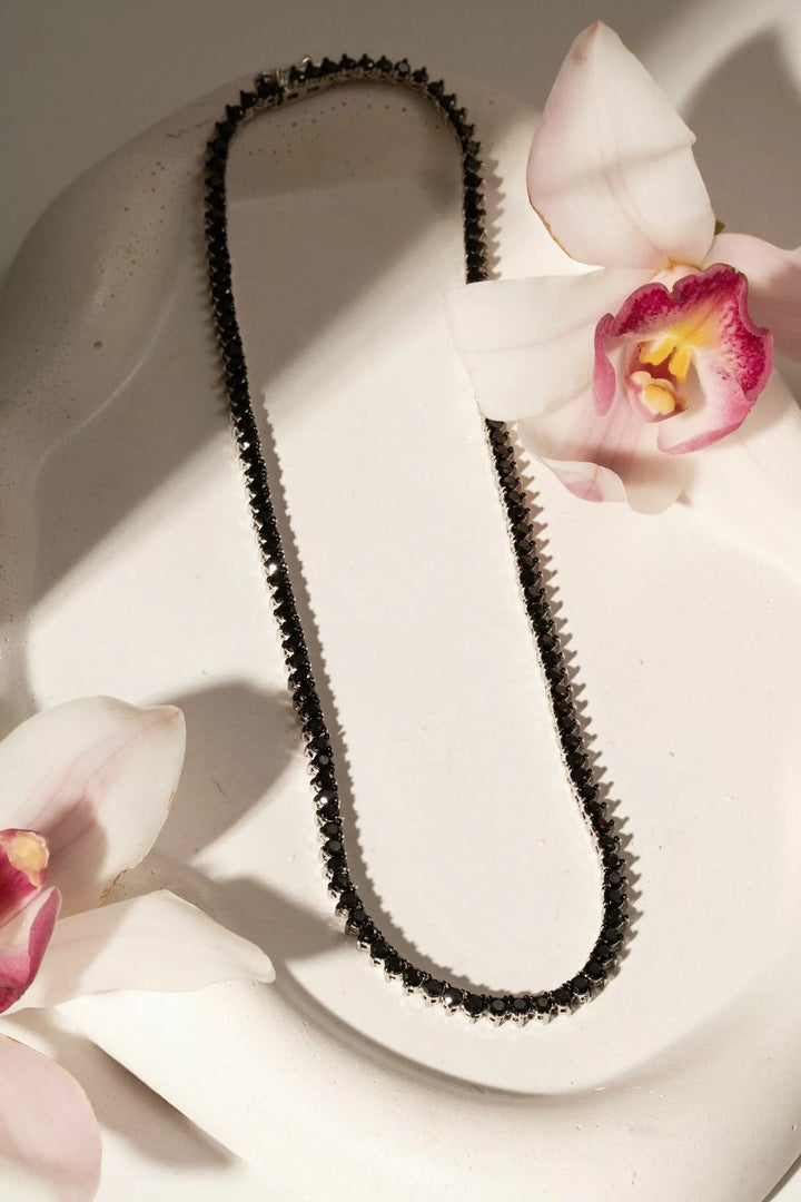 Bright Black Zirconia Tennis Necklace 3mm, Rhodium Plated