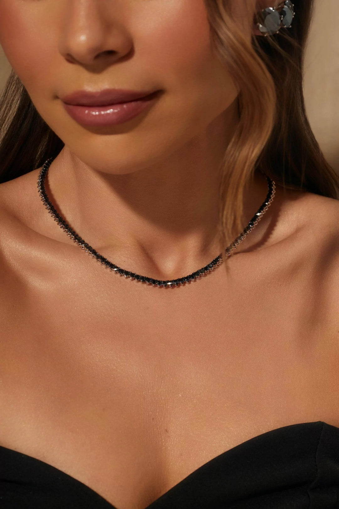 Bright Black Zirconia Tennis Necklace 3mm, Rhodium Plated