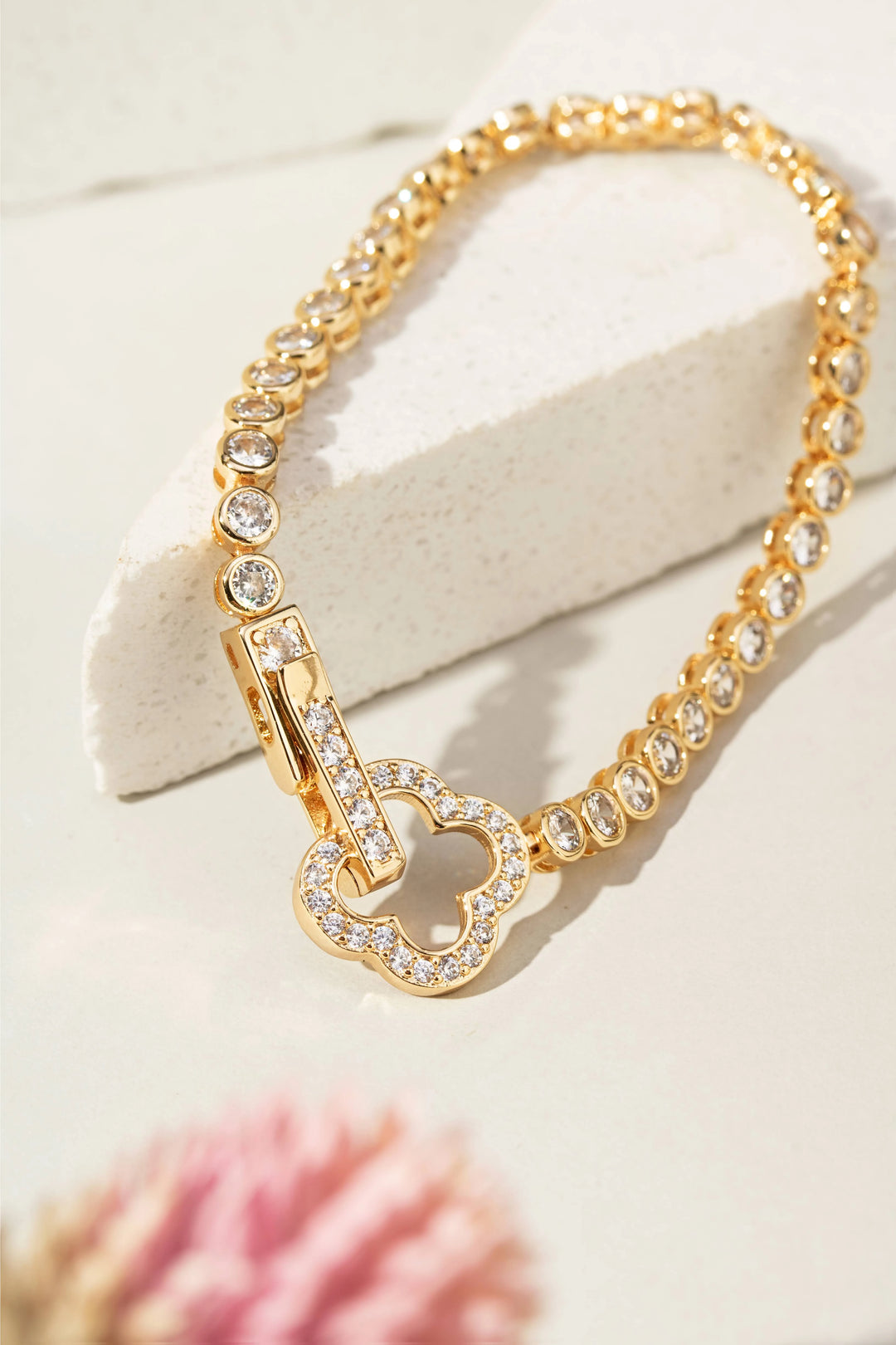 Bright Clover Zirconia Tennis Bracelet, 18k Gold Filled