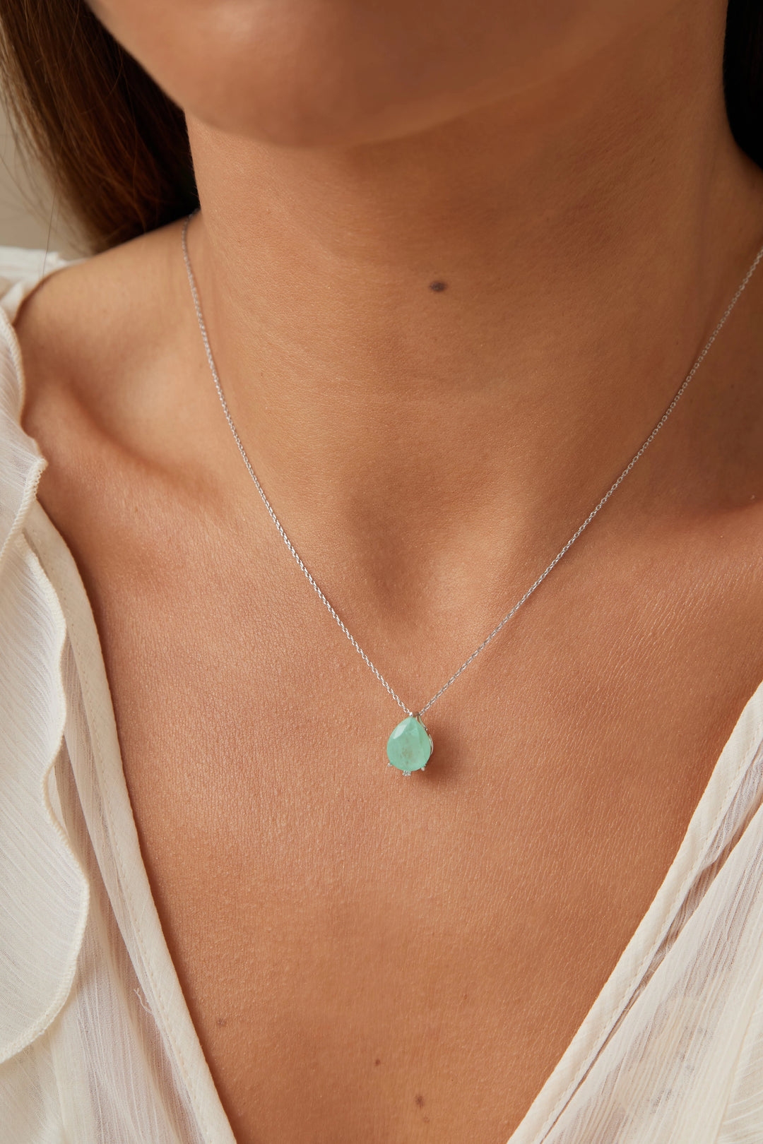Bright Colombian Emerald Teardrop Necklace, 925 Sterling Silver