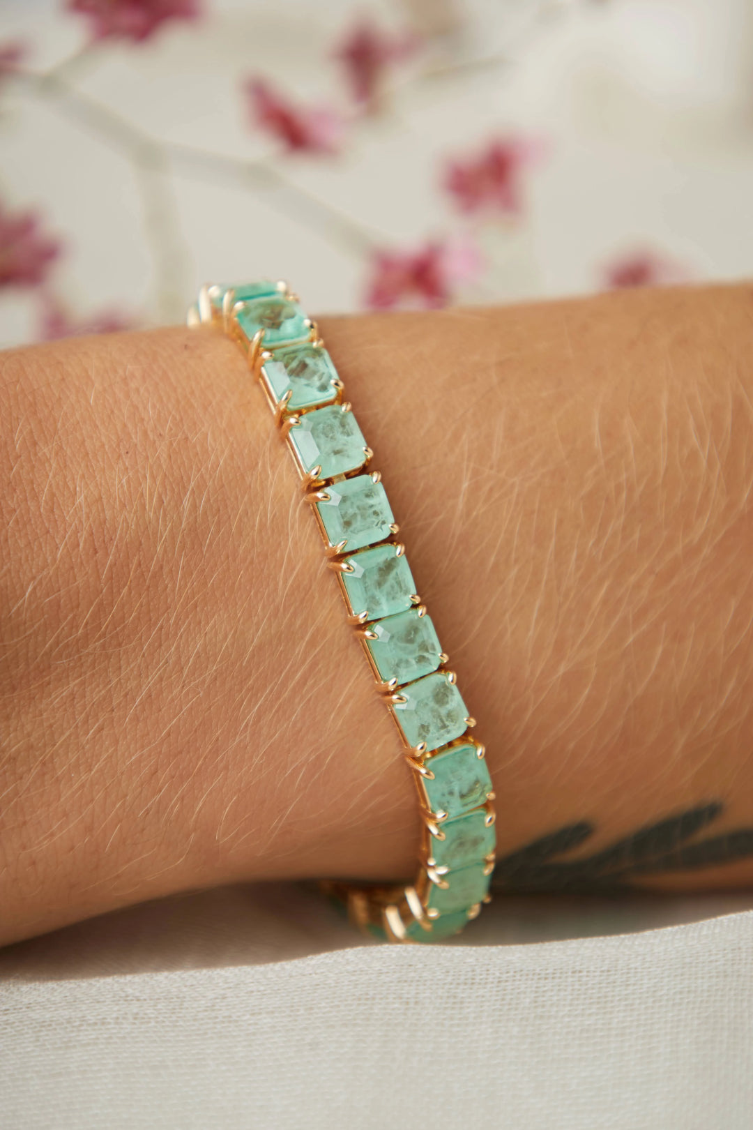 Bright Colombian Emerald Fusion Square Bracelet, 18k Gold Filled