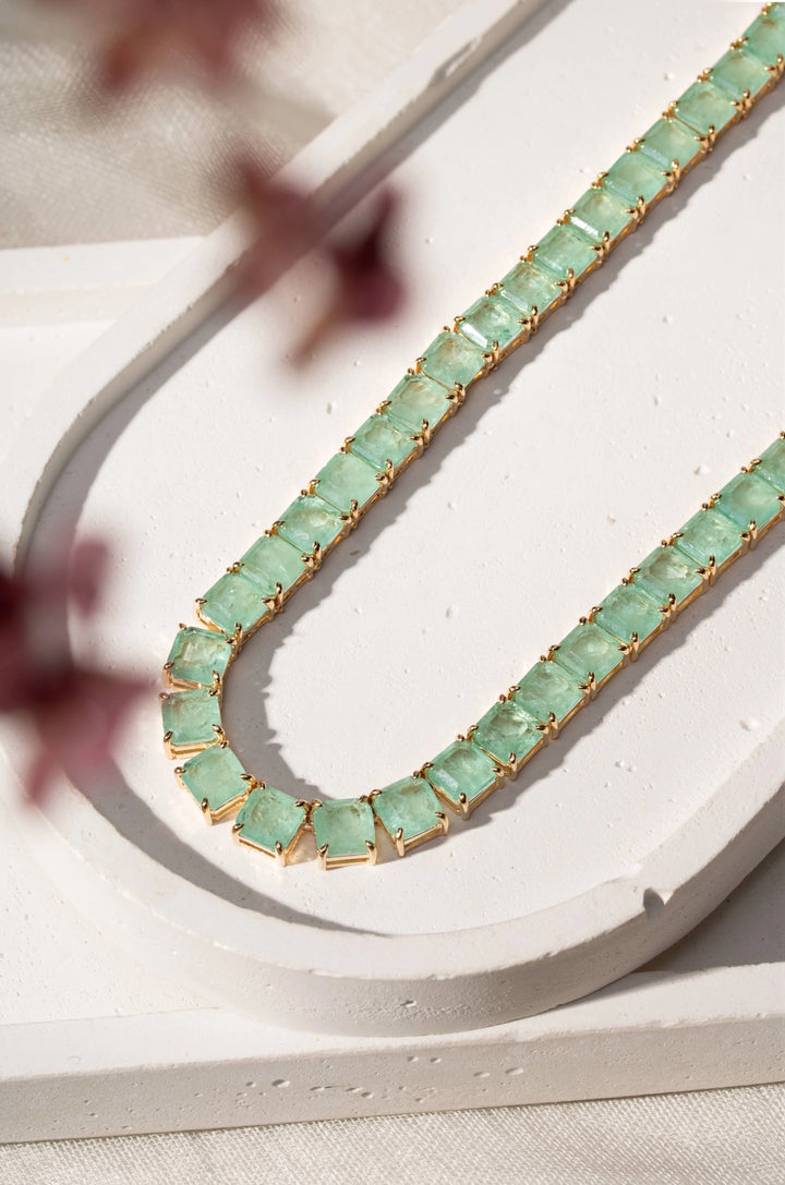 Bright Colombian Emerald Fusion Square Tennis Necklace, 18k Gold Filled