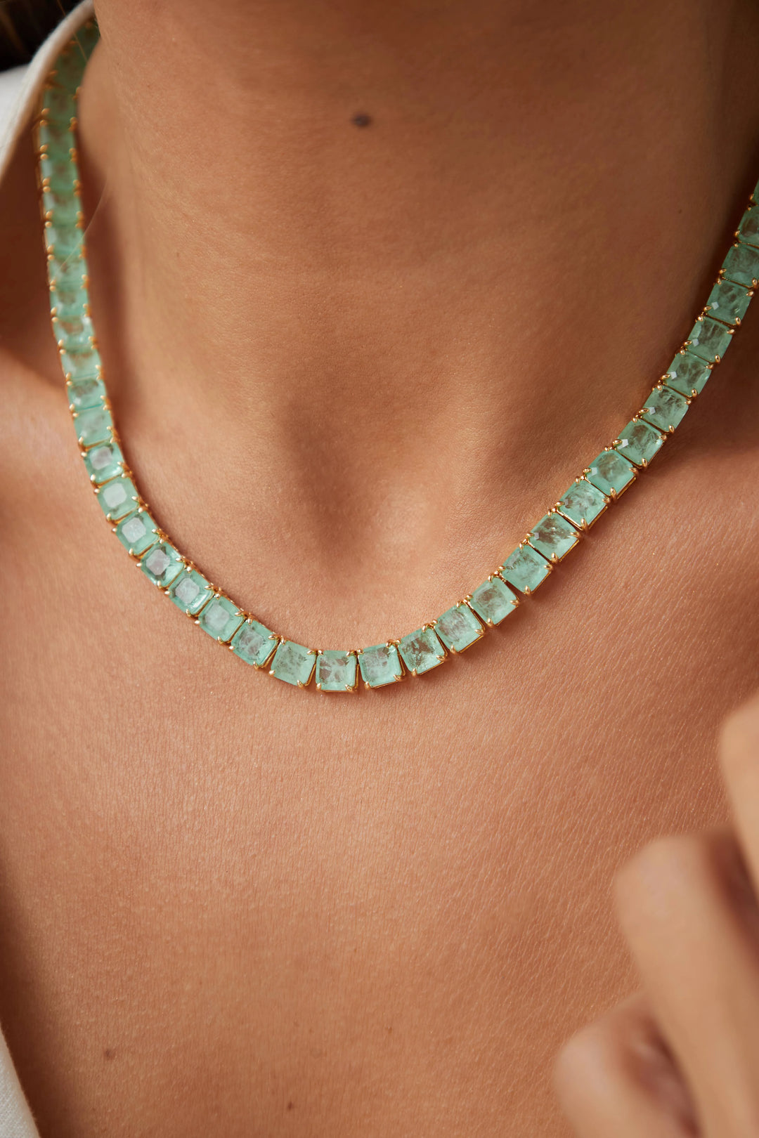Bright Colombian Emerald Fusion Square Tennis Necklace, 18k Gold Filled
