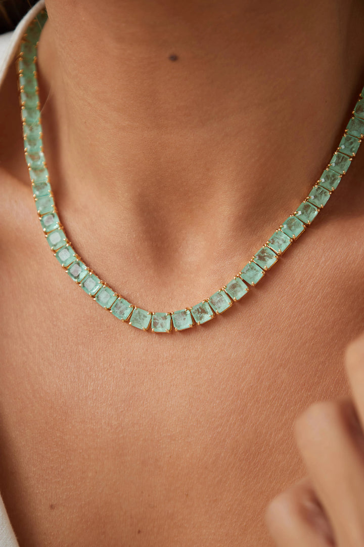 Bright Colombian Emerald Fusion Square Tennis Necklace, 18k Gold Filled