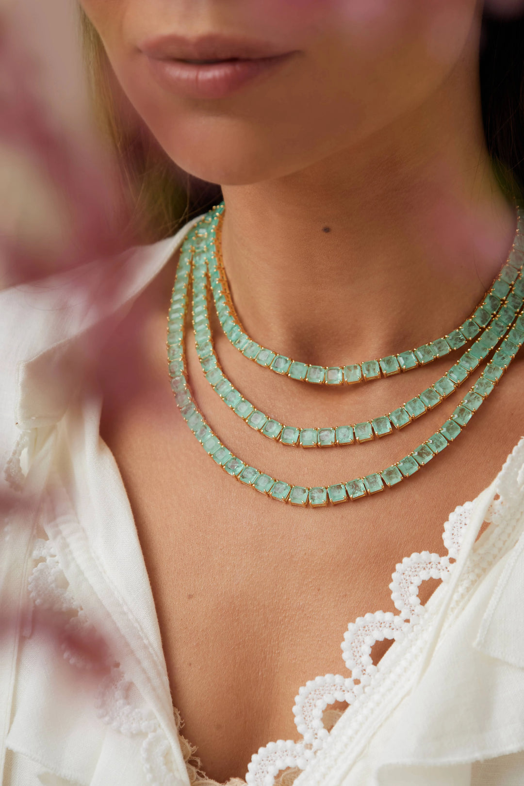 Bright Colombian Emerald Fusion Square Tennis Necklace, 18k Gold Filled