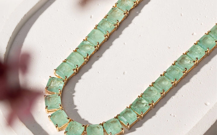 Bright Colombian Emerald Fusion Square Tennis Necklace, 18k Gold Filled