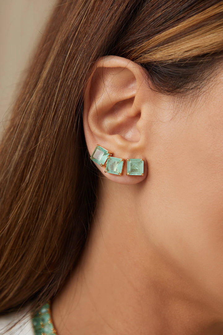 Bright Colombian Emerald Fusion Square Stud Earrings, 18k Gold Filled