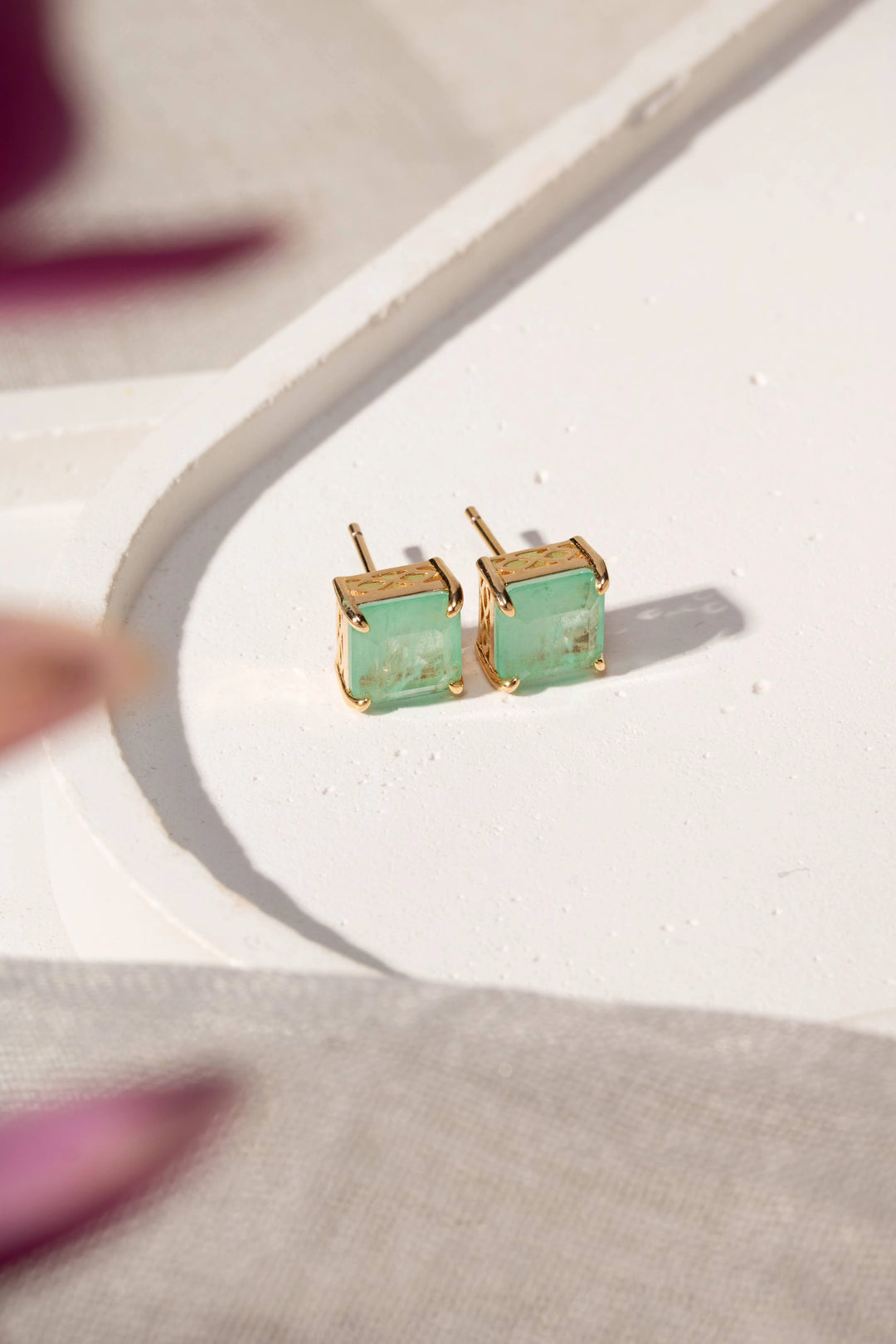 Bright Colombian Emerald Fusion Square Stud Earrings, 18k Gold Filled